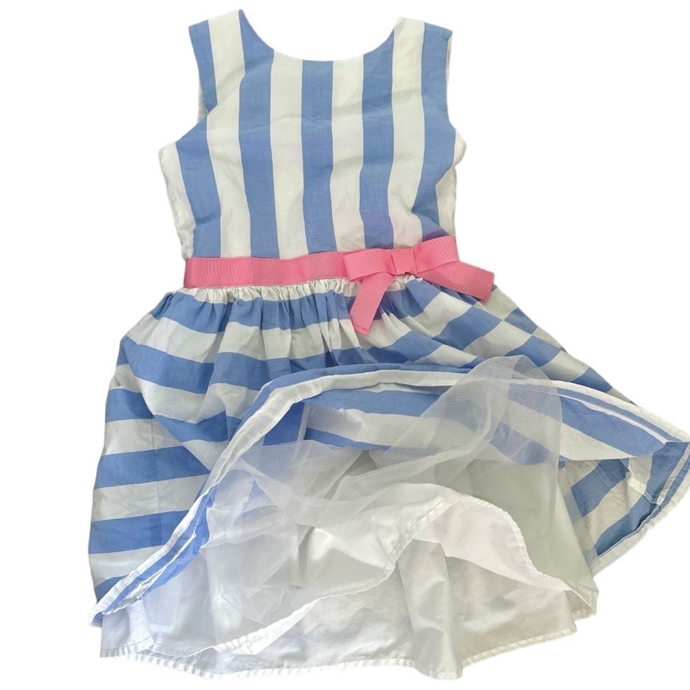 CARTERS Girls Dress Size 7 Striped Blue/White Pink Bow